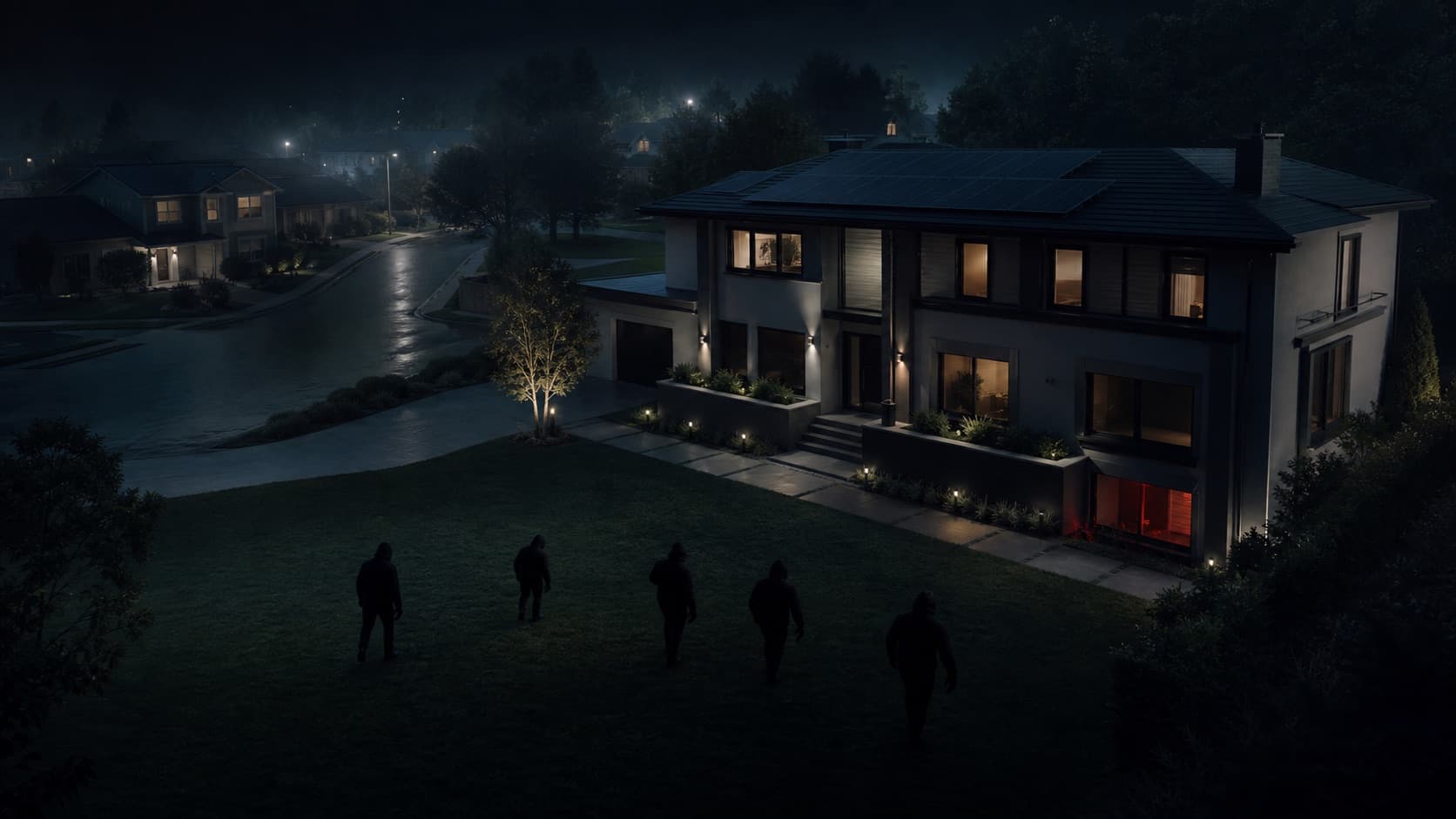 Five intruders approach the SAFEHOUSE on Stillwater Drive at night